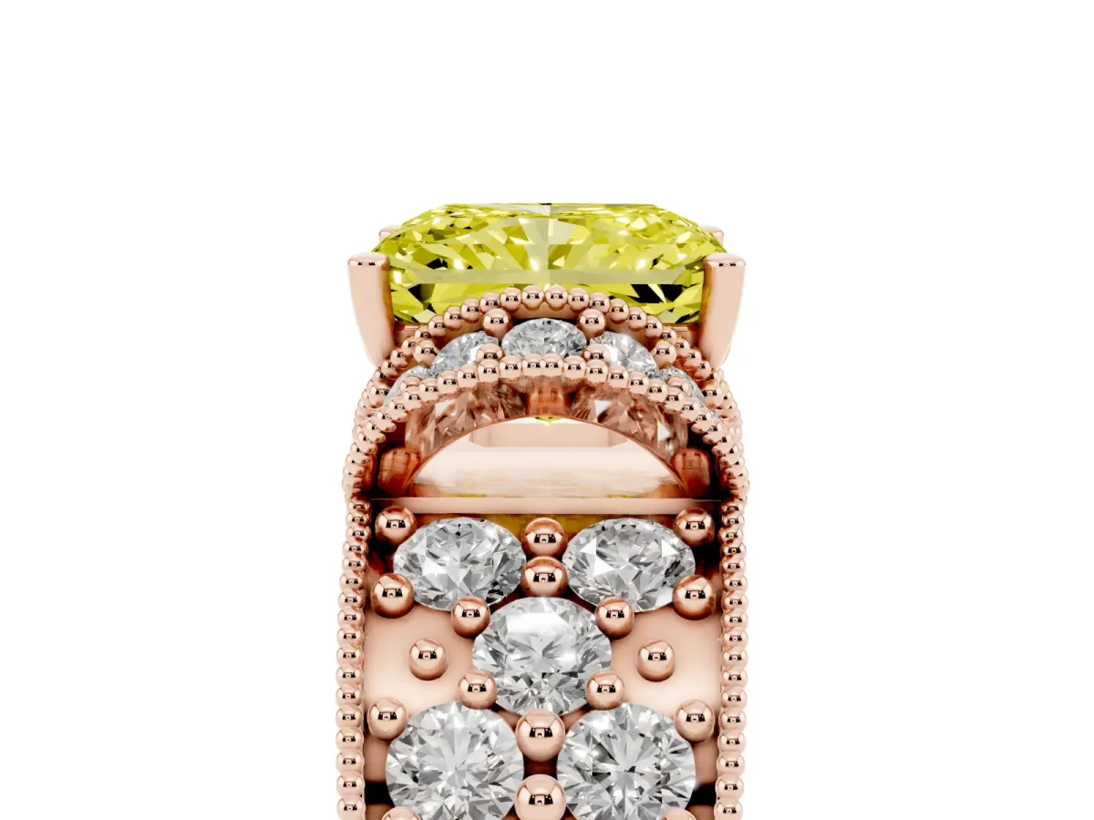 Fancy Yellow Radiant Cut Halo Pave Diamond Engagement Ring with Milgrain Detailing Rose gold