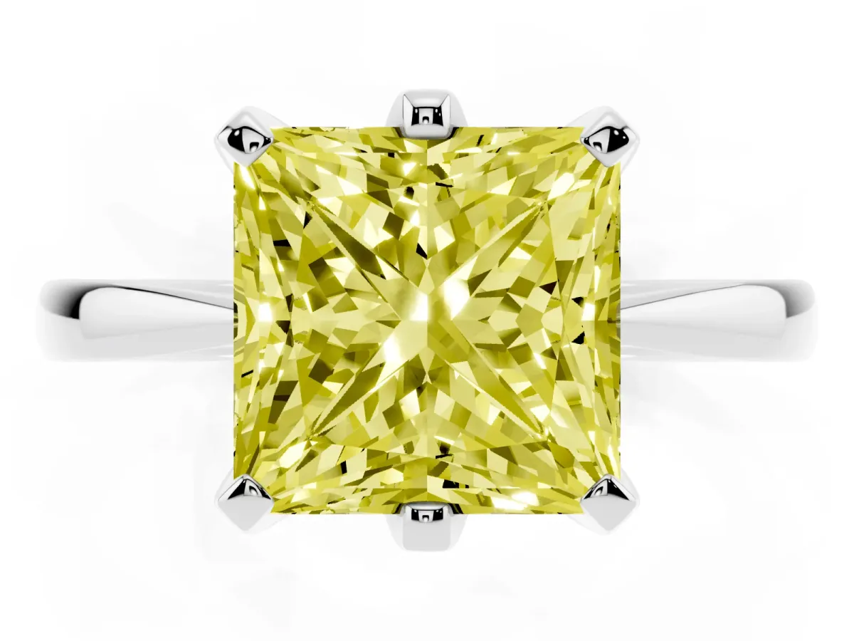 Fancy Yellow Princess Cut Solitaire Engagement Ring with Six-Prong Setting and Tapered Band Silver