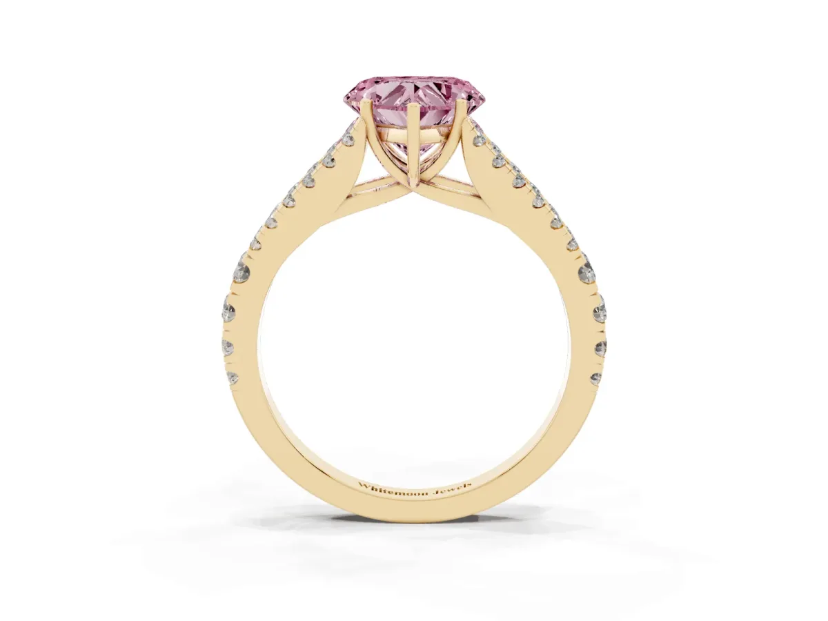 Fancy Pink Heart Cut Diamond Split Shank Pavé Engagement Ring with Four-Prong Setting Yellow gold