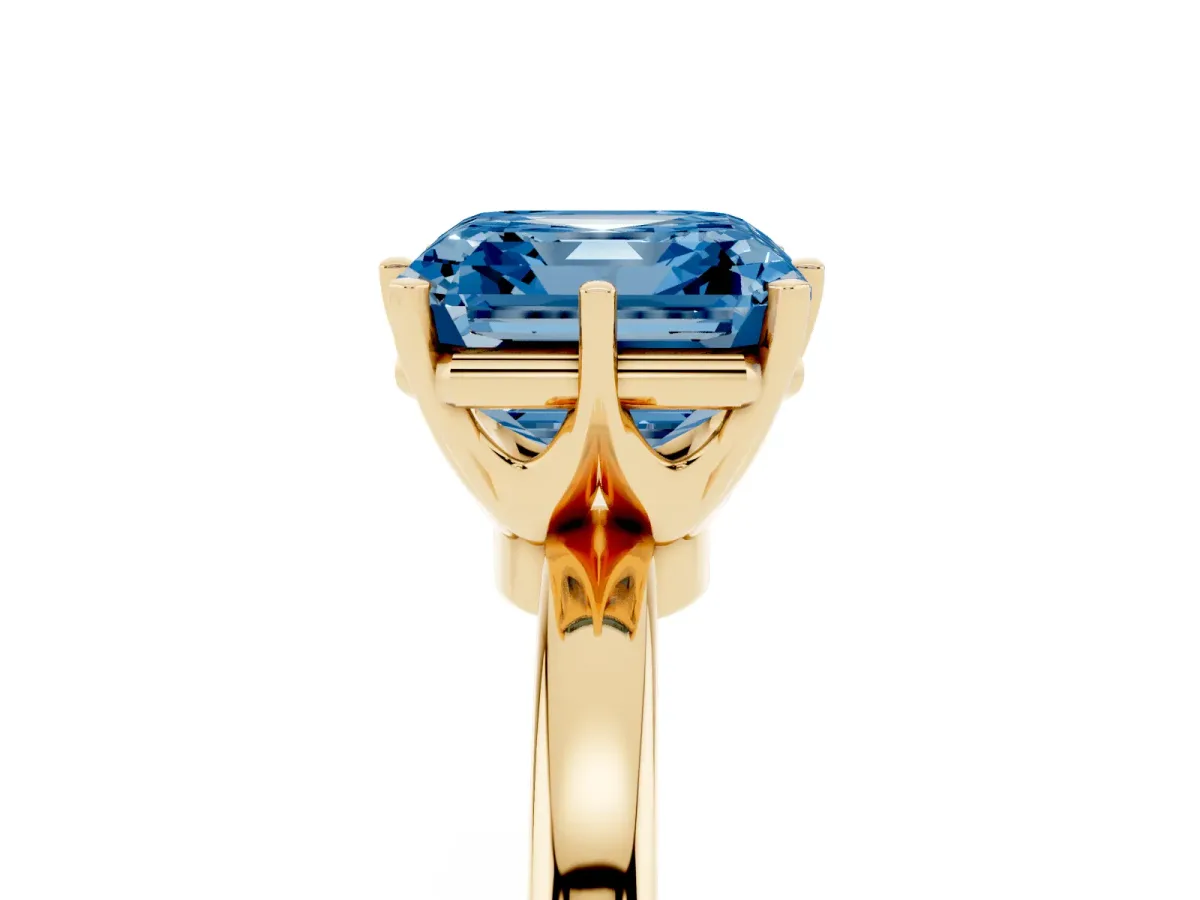 Fancy Blue Asscher Cut Solitaire Diamond Ring with Six-Prong Setting on a Classic Band Yellow gold