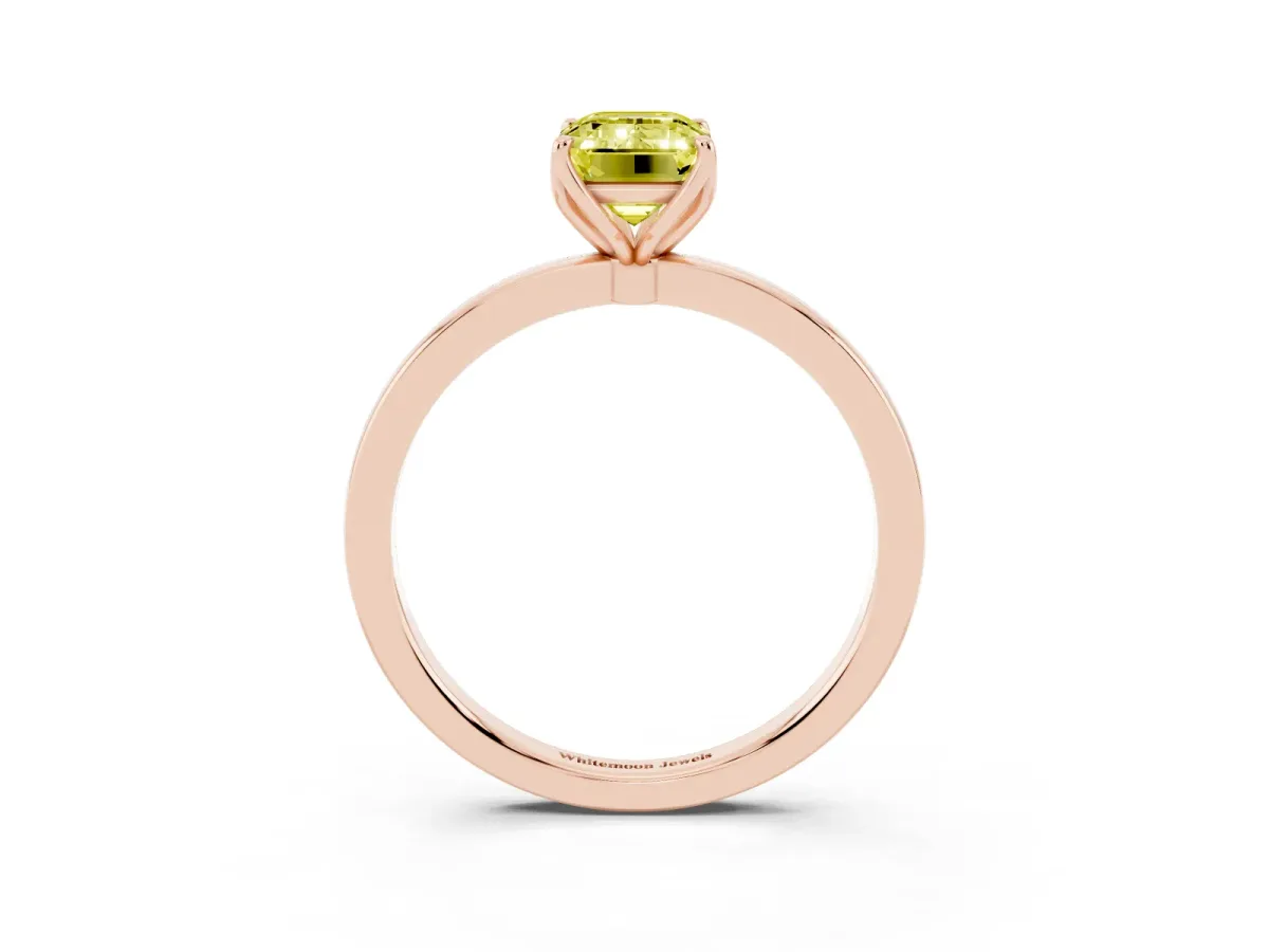 Fancy Yellow Emerald Cut Diamond Solitaire Ring with Thin Band and Prong Setting Rose gold