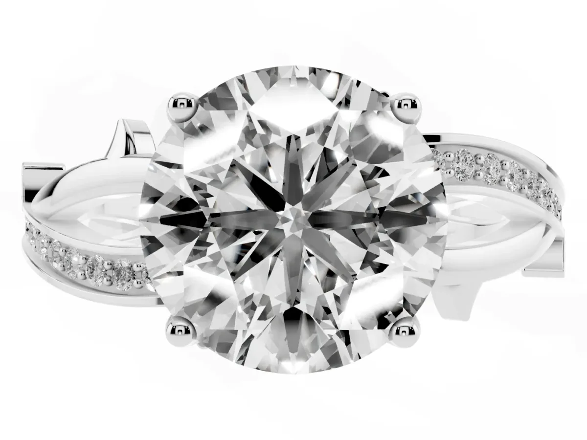 Round Cut Solitaire Twist Band with Pavé Accents and Four-Prong Setting Platinum
