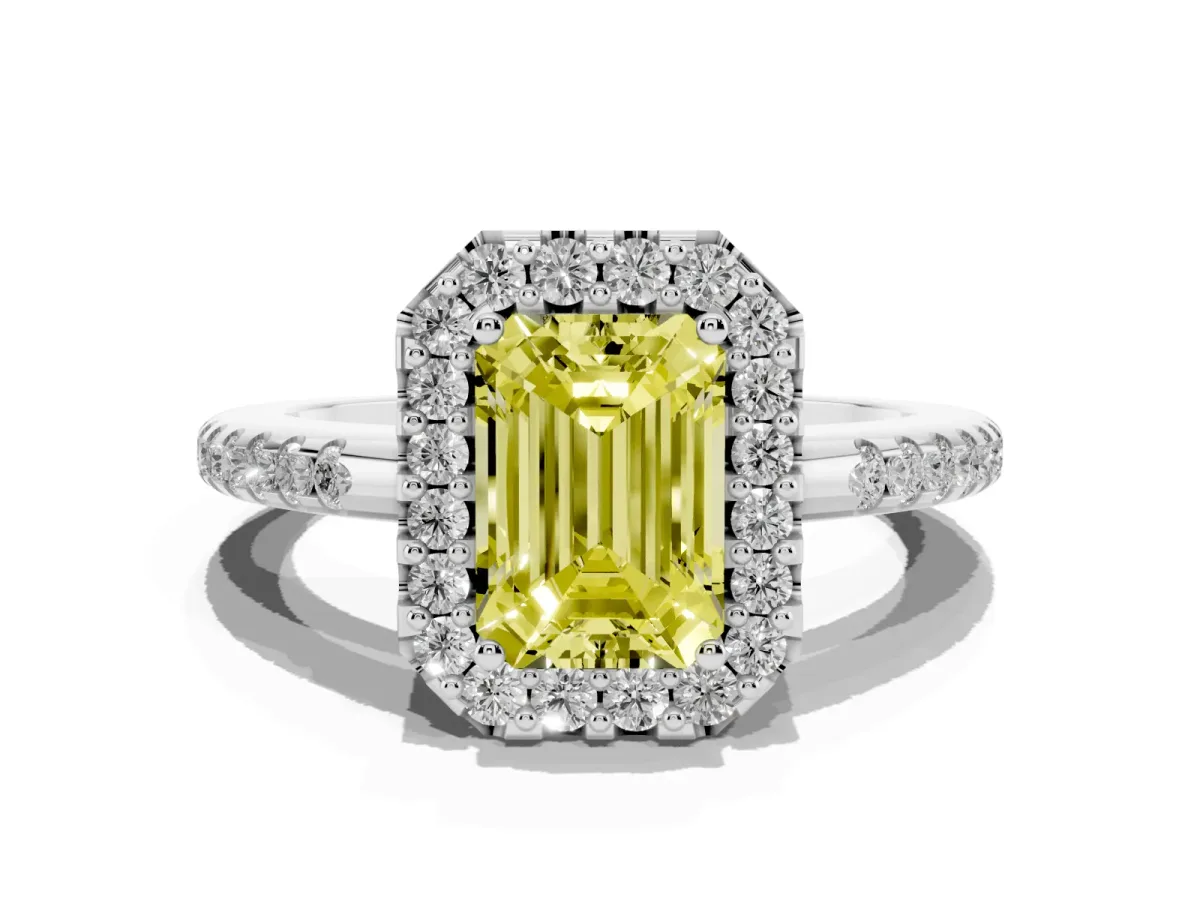 Fancy Yellow Emerald Cut Diamond Pavé Halo Ring with Four-Prong Setting Silver