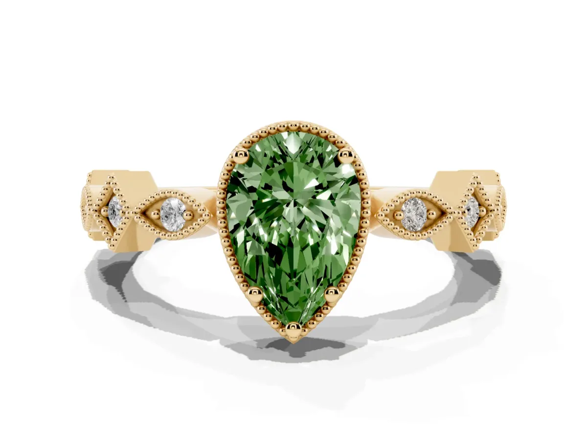 Fancy Green Pear Cut Milgrain Marquise Diamond Twist Band Ring Yellow gold