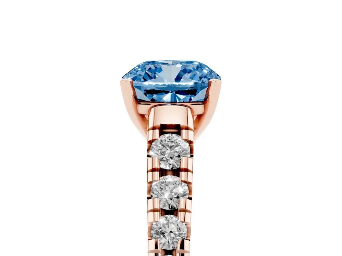 Fancy Blue Cushion Cut Diamond Cathedral Solitaire Ring with Round Pavé Band Rose gold