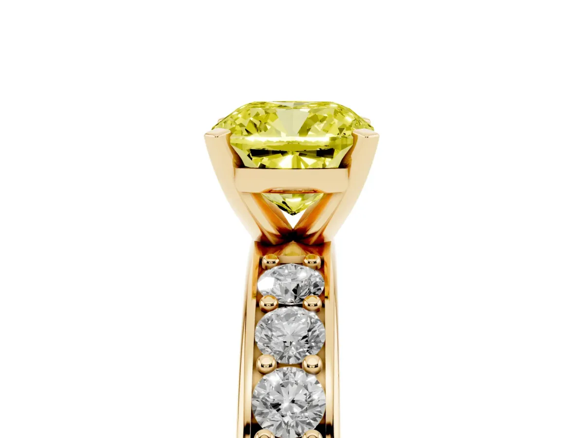 Fancy Yellow Cushion Cut Diamond Engagement Ring with Channel Set Round Band and Prong Setting Yellow gold