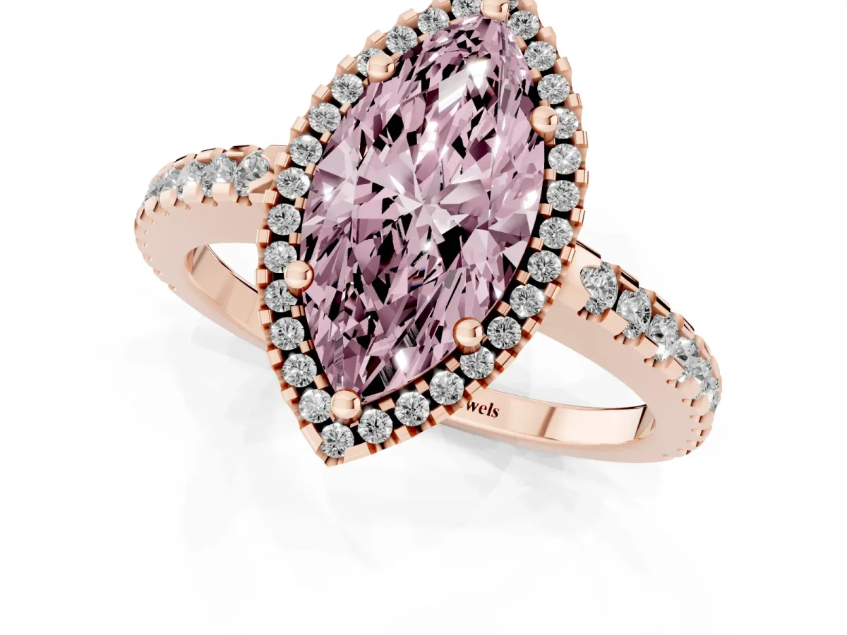 Fancy Pink Marquise Cut Diamond Halo Engagement Ring with Pavé Band and Prong Setting Rose gold