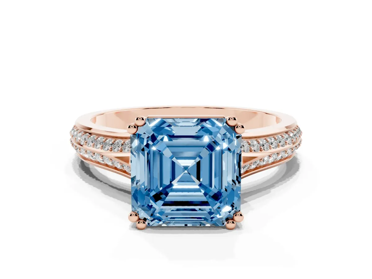 Fancy Blue Asscher Cut Diamond Split Shank Engagement Ring with Pavé Band Rose gold