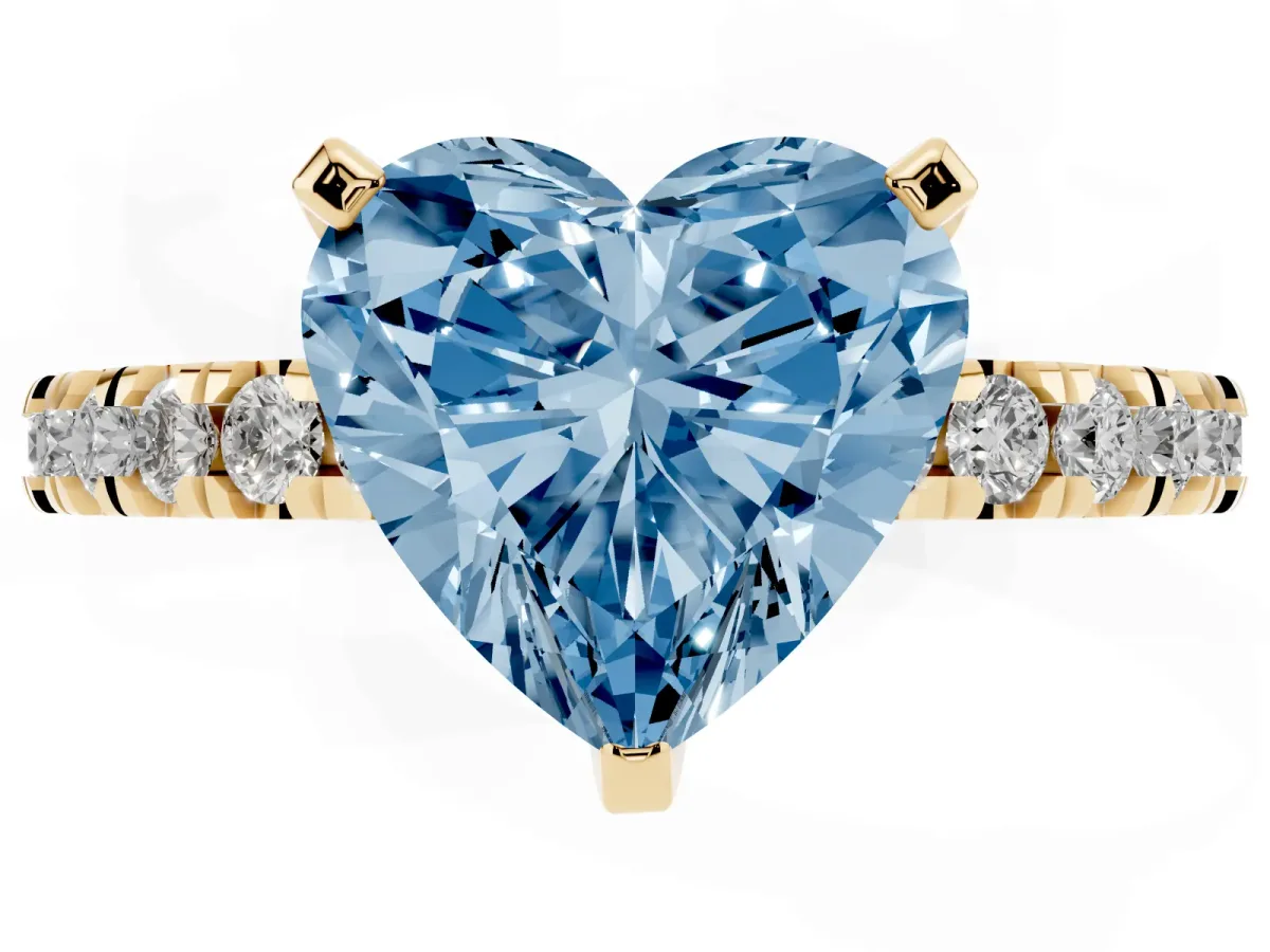 Fancy Blue Heart Cut Diamond Pavé Band Solitaire with Four-Prong Setting Yellow gold