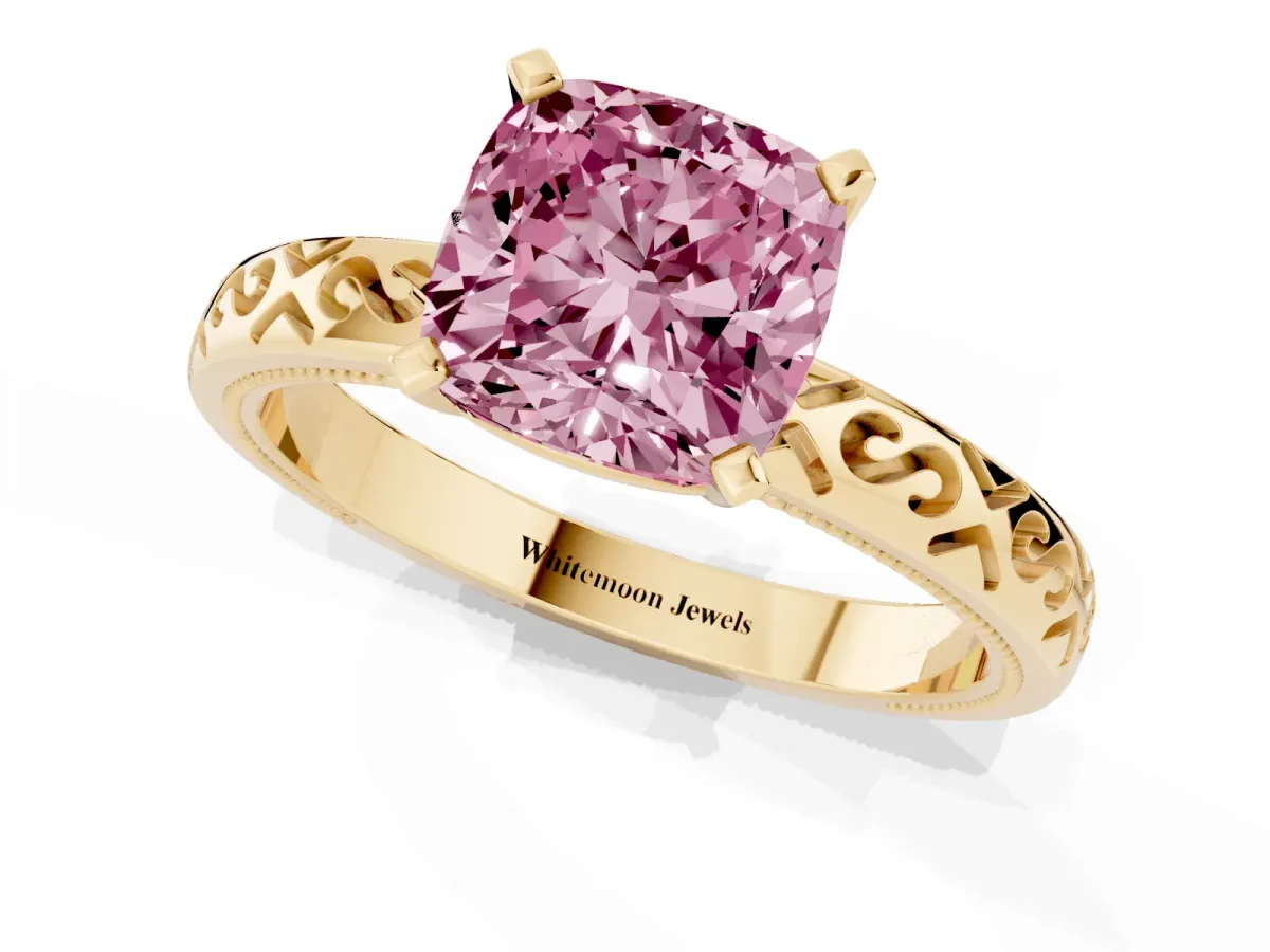 Fancy Pink Cushion Cut Solitaire Engagement Ring with Scrollwork Band and Four-Prong Setting Yellow gold