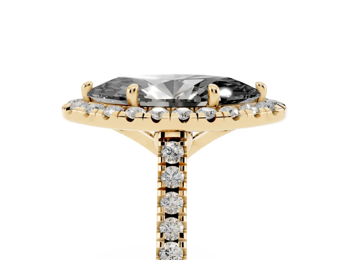 Fancy Black Marquise Cut Diamond Cushion Halo Ring with Pavé Band Yellow gold