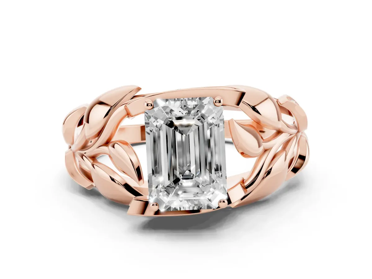 Emerald Cut Diamond Leaf-Inspired Engagement Ring with Round Accents and Prong Setting Rose gold
