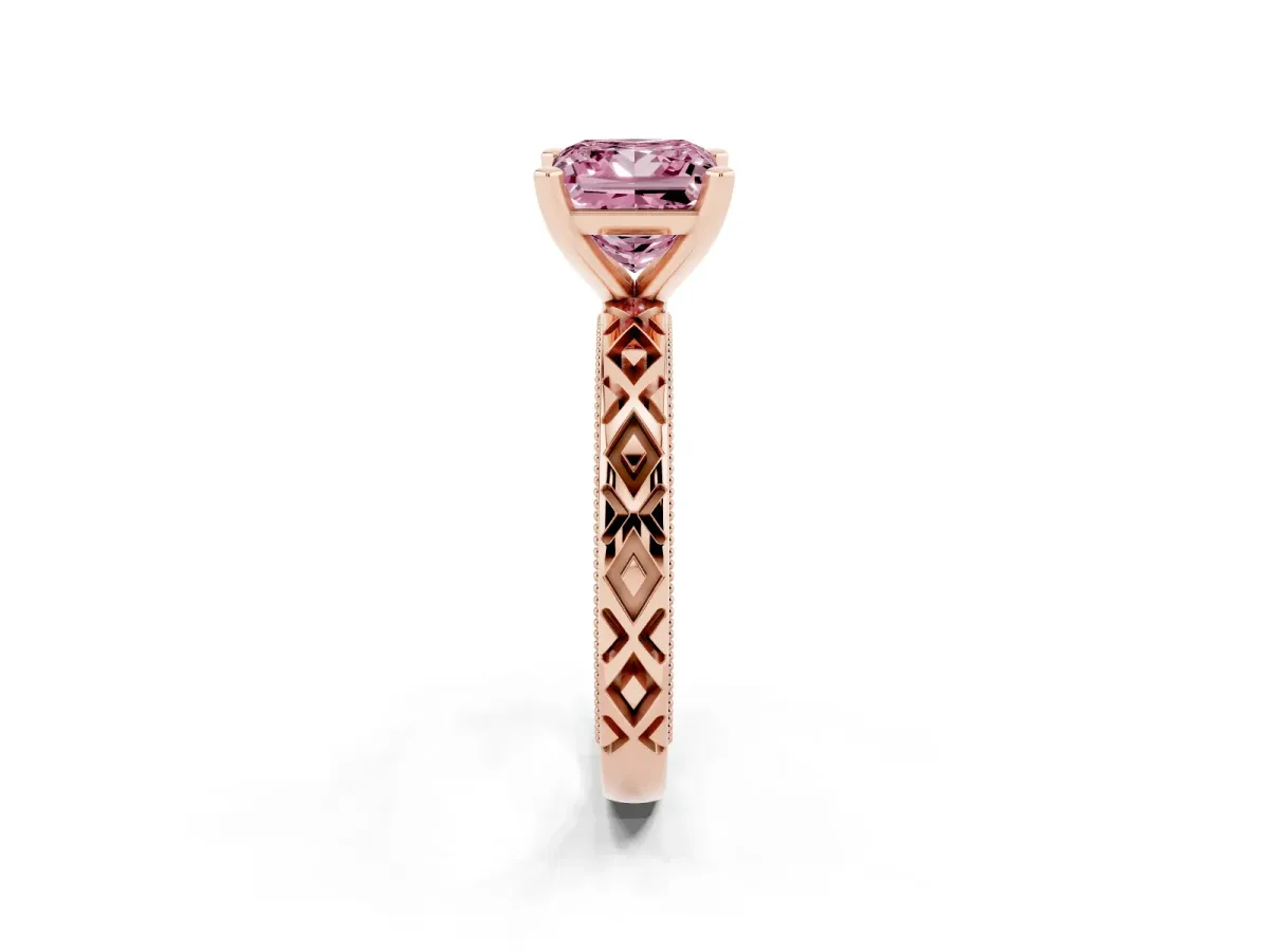 Fancy Pink Princess Cut Solitaire Diamond Ring with Milgrain and Black Enamel X Pattern Band Rose gold