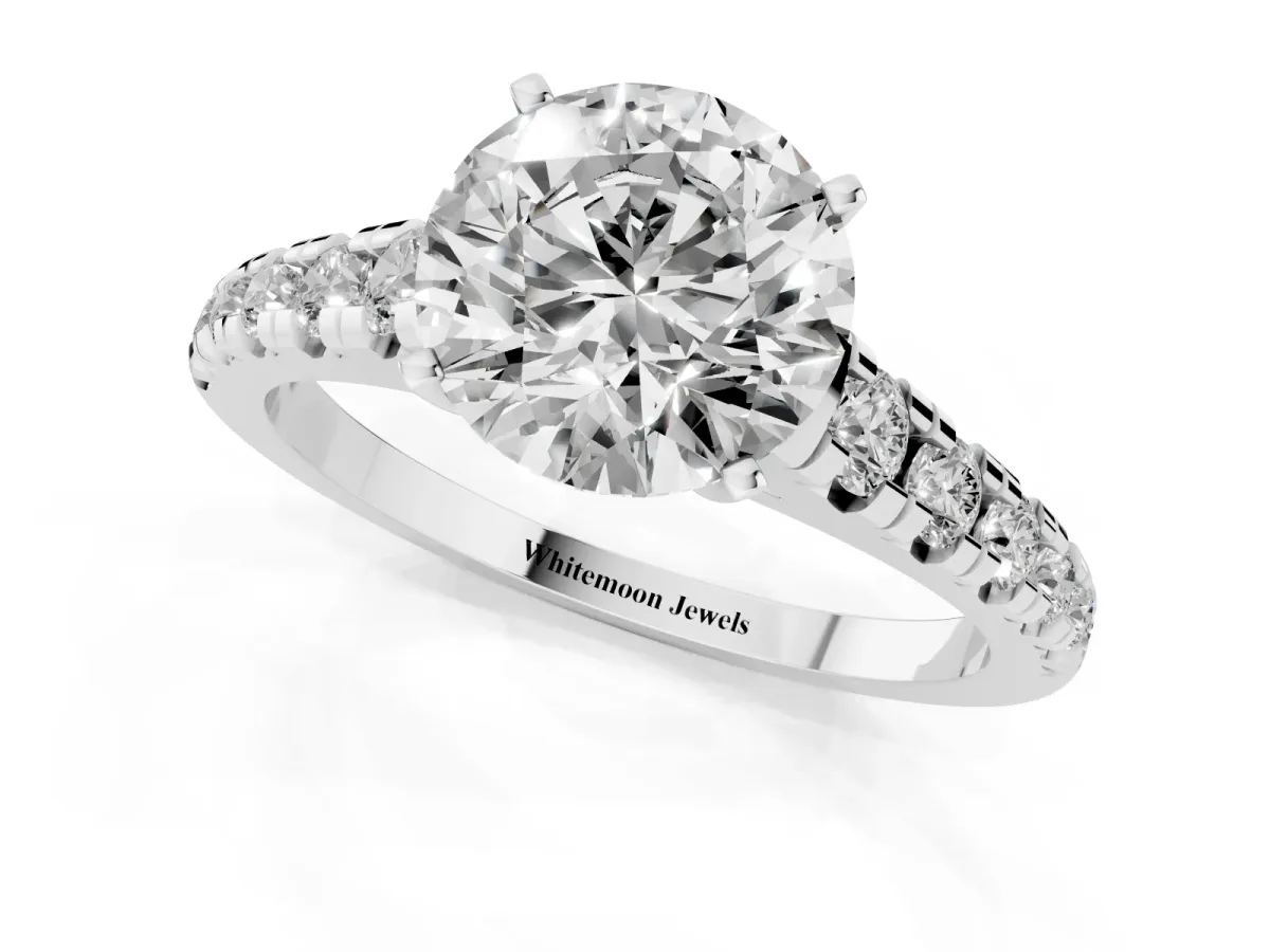Round Cut Diamond Cathedral Solitaire Ring with Round Pavé Band Silver