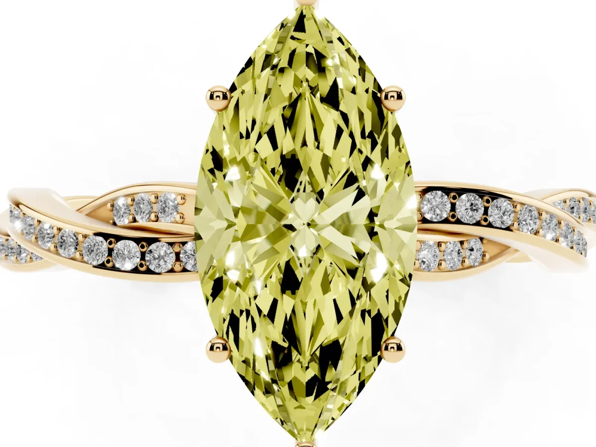 Fancy Yellow Marquise Cut Solitaire Twisted Pave Diamond Ring with Four-Prong Setting Yellow gold