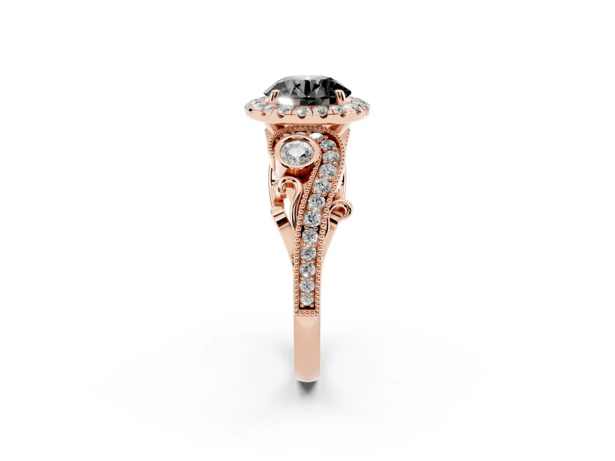 Fancy Black Round Cut Halo Diamond Ring with Milgrain and Bezel Accents on a Split Shank Band Rose gold