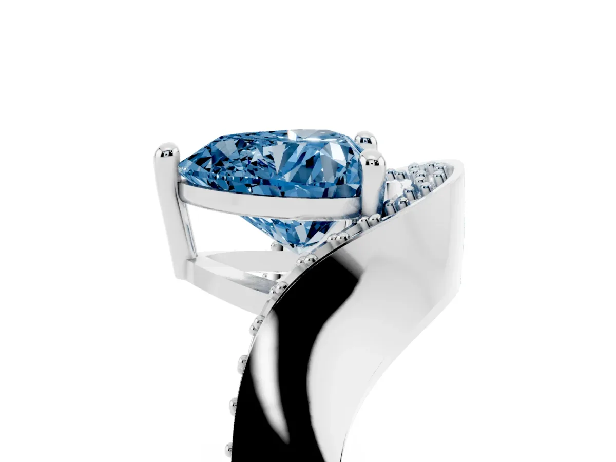 Fancy Blue Heart Cut Solitaire Diamond Engagement Ring with Pave Band and Four-Prong Setting Silver