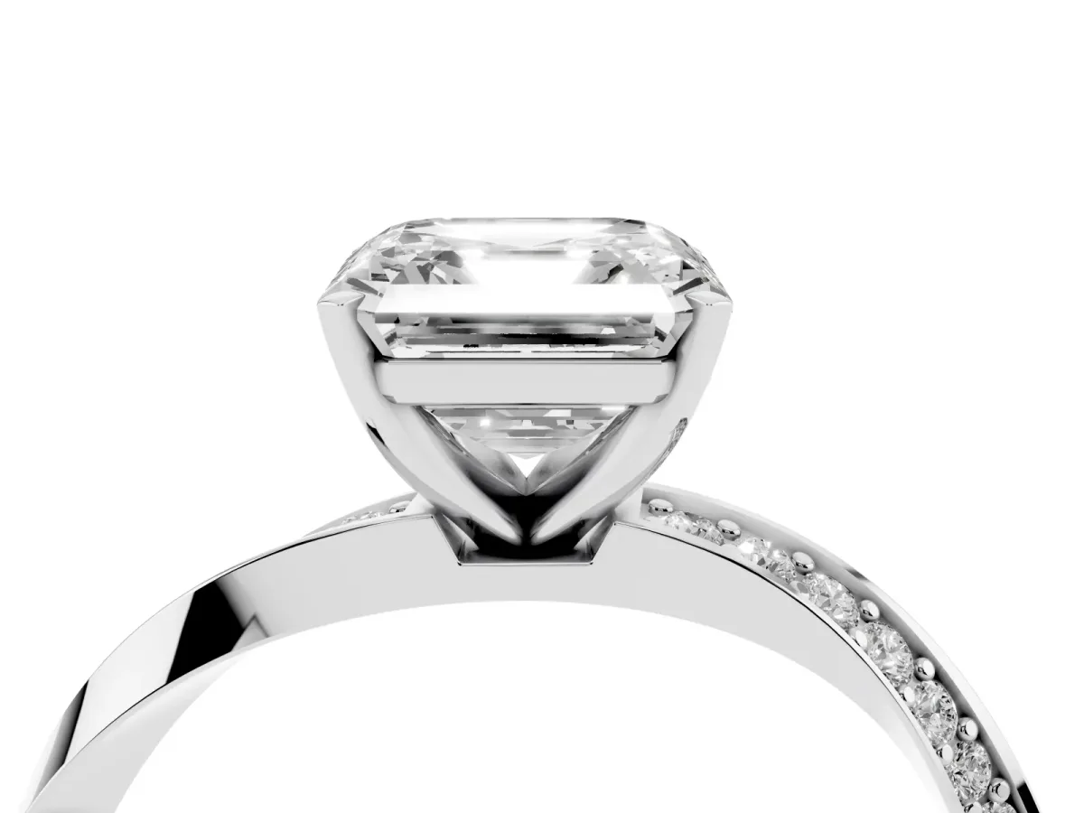 Asscher Cut Diamond Engagement Ring with Side Stone Accents and Four-Prong Setting Silver