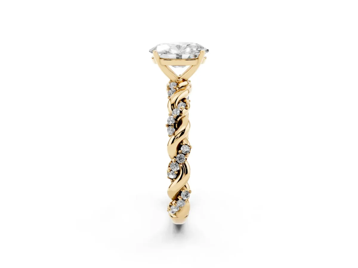 Oval Cut Diamond Solitaire Ring with Twisted Band and Pavé Accents Yellow gold