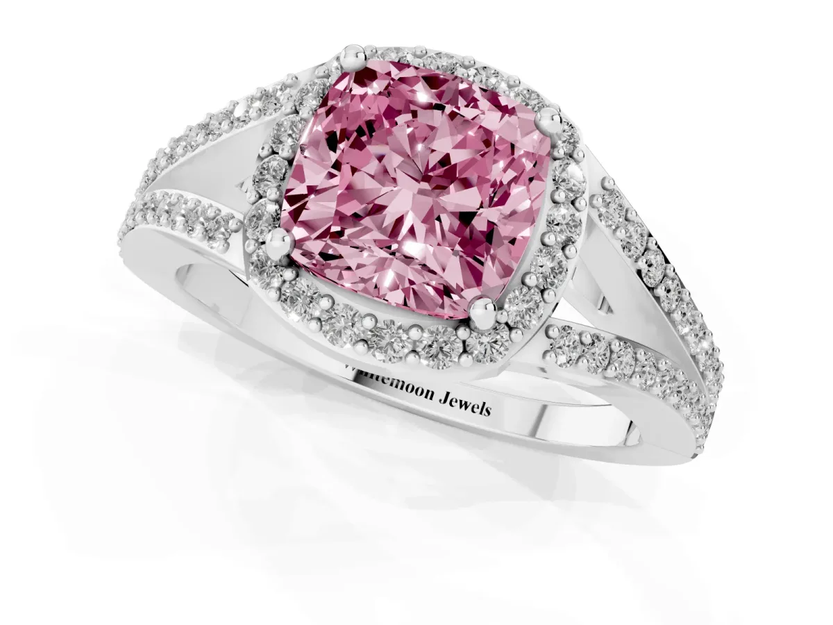 Fancy Pink Cushion Cut Halo Split Shank Pave Diamond Ring with Four-Prong Setting Silver