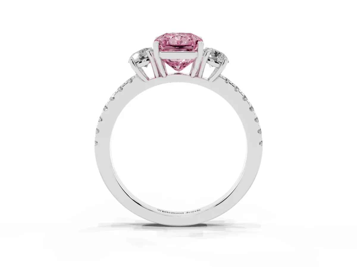 Fancy Pink Three-Stone Radiant Cut Cut Diamond Pavé Band with Prong Setting Silver