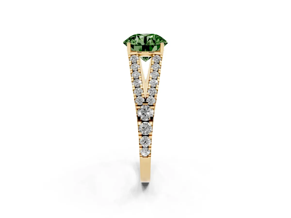Fancy Green Round Cut Diamond Split Shank Engagement Ring with Round Pavé and Prong Setting Yellow gold