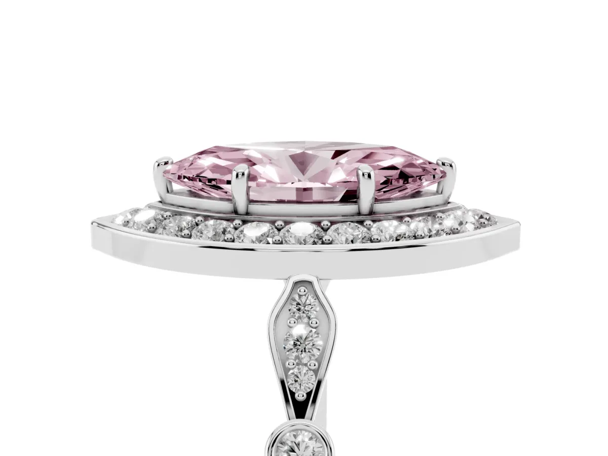 Fancy Pink Marquise Cut Halo Diamond Engagement Ring with Twisted Band and Four-Prong Setting Platinum