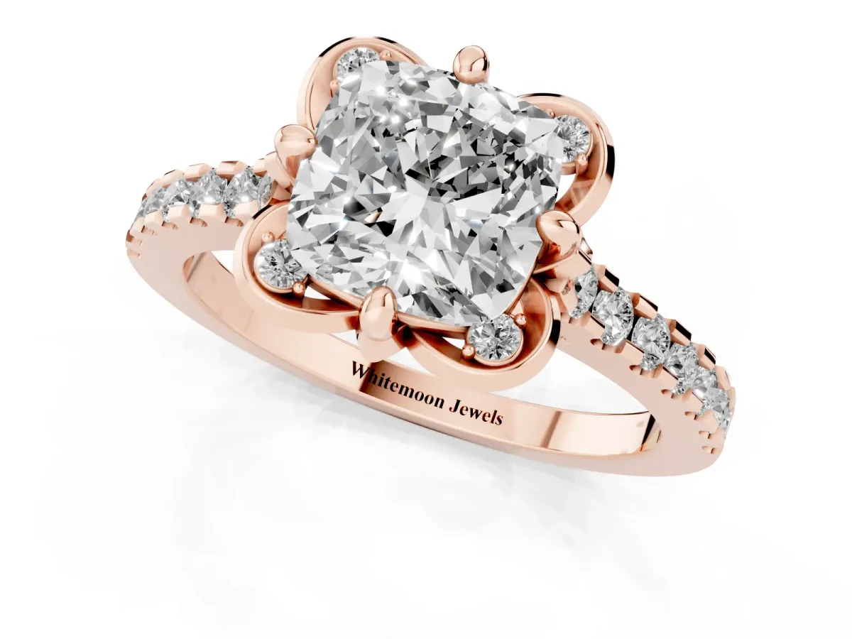 Cushion Cut Diamond Ring with Pavé Band and Floral Prong Setting Rose gold