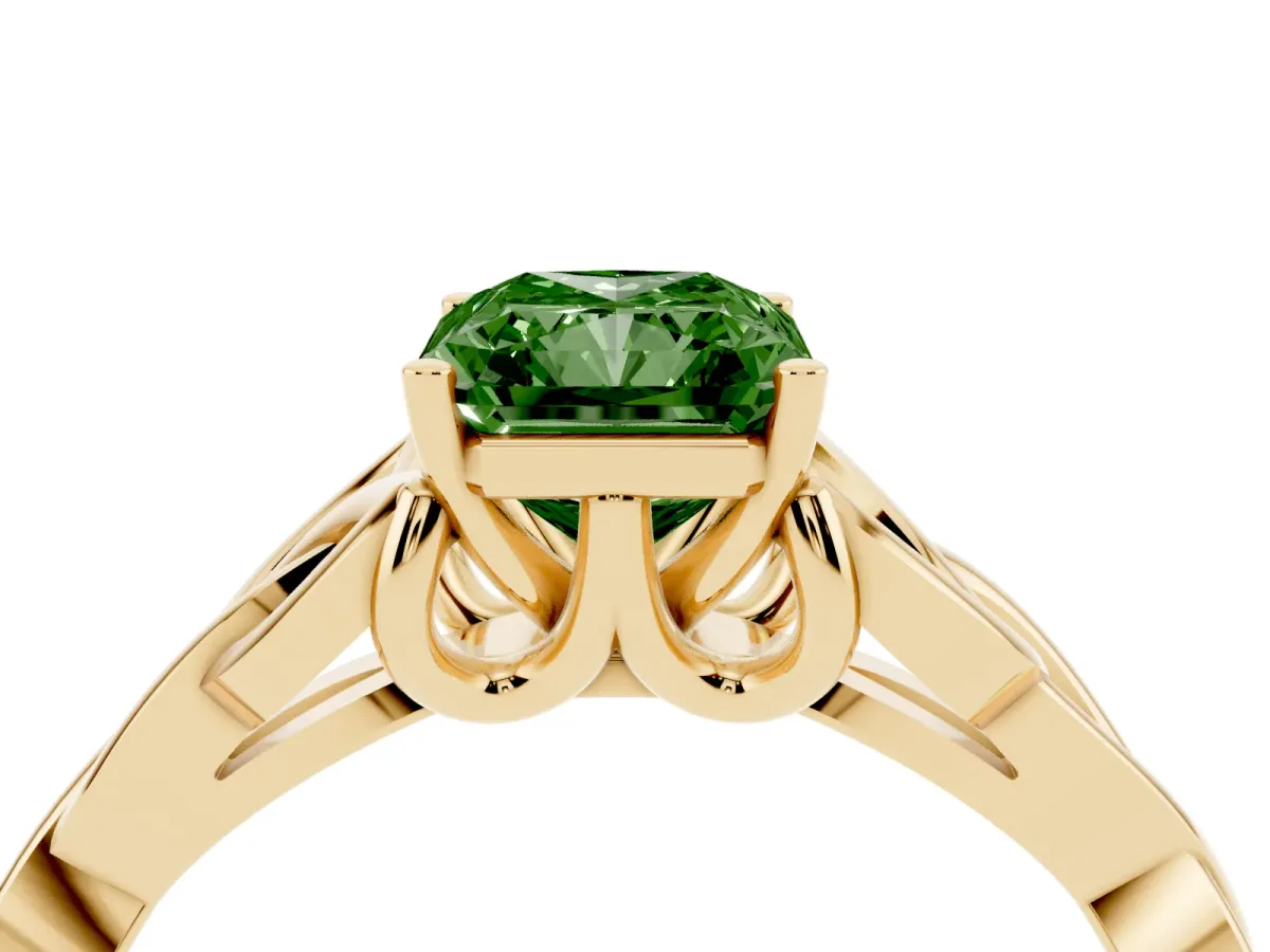 Fancy Green Radiant Cut Diamond Solitaire Engagement Ring with Celtic Knot Band and Four-Prong Setting Yellow gold