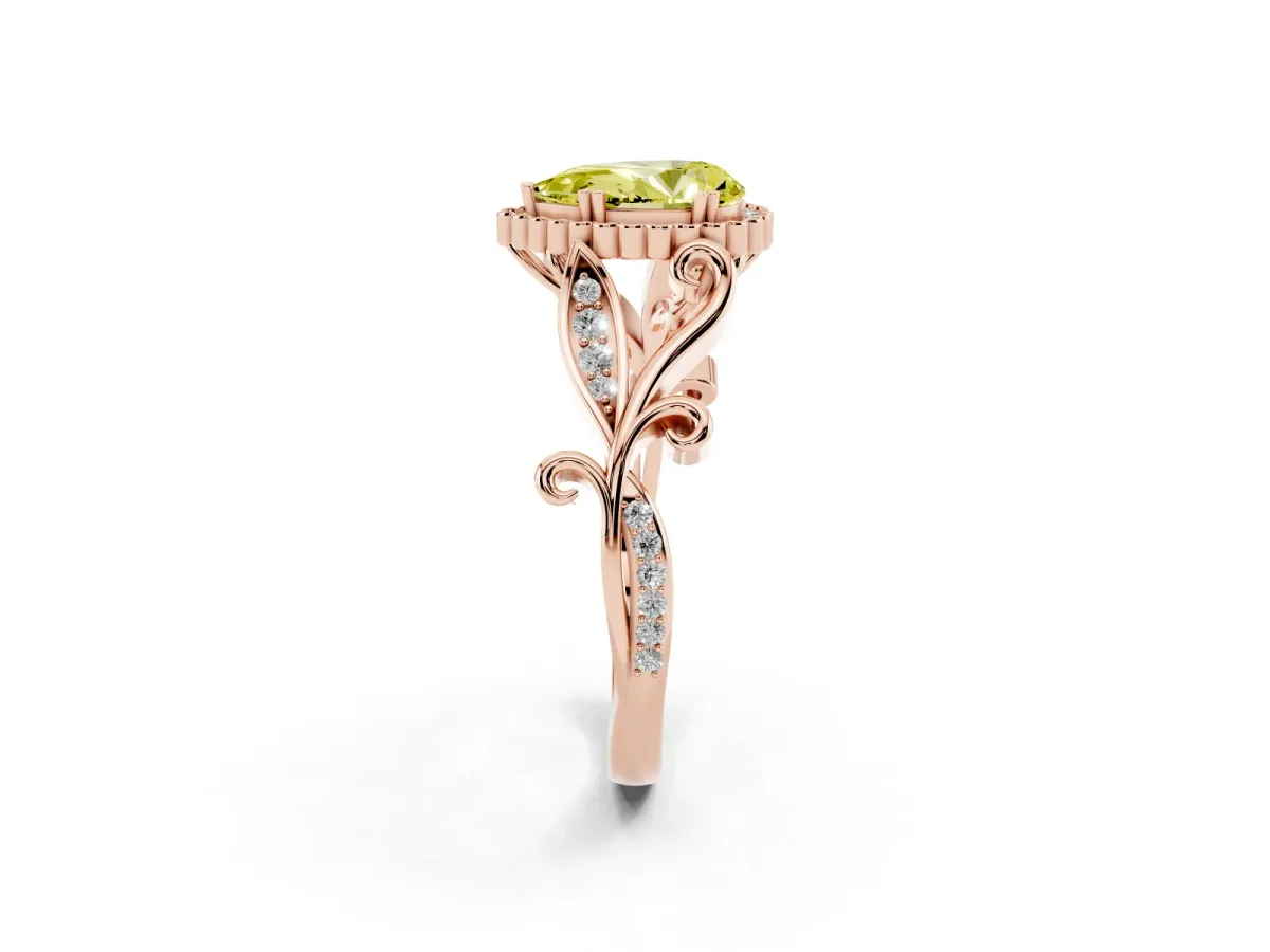 Fancy Yellow Pear Cut Diamond Halo Ring with Vintage Split Shank and Four-Prong Setting Rose gold