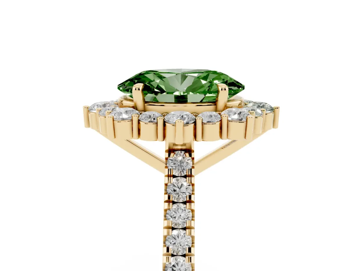 Fancy Green Oval Cut Halo Diamond Ring with Pavé Band and Prong Setting Yellow gold