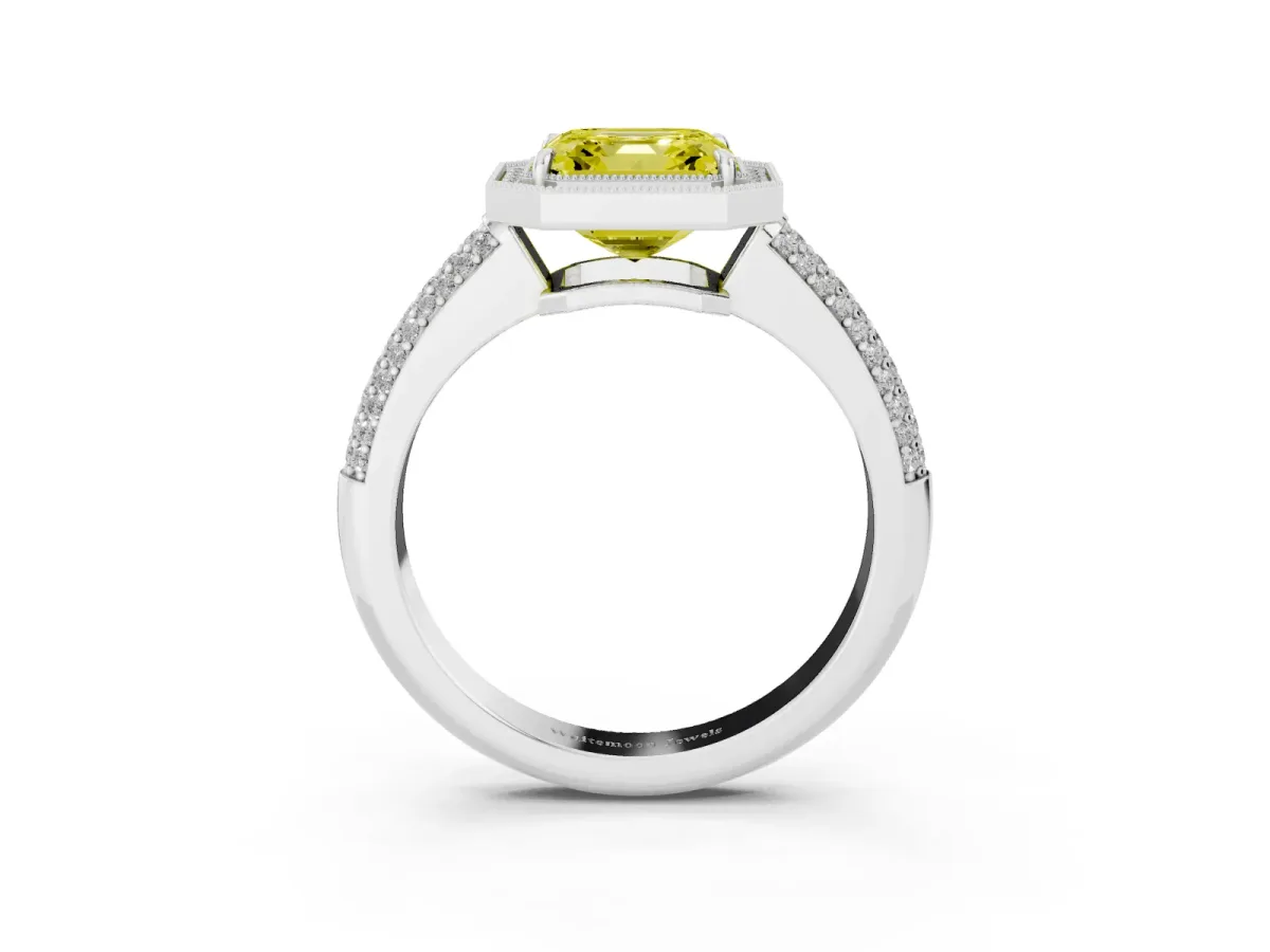 Fancy Yellow Asscher Cut Cut Halo Diamond Pave Band with Four-Prong Setting Silver