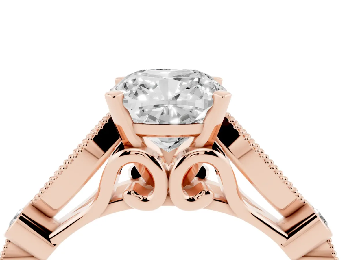 Cushion Cut Cut Diamond with Milgrain Marquise and Bezel Accents on a Solitaire Band with Prong Setting Rose gold
