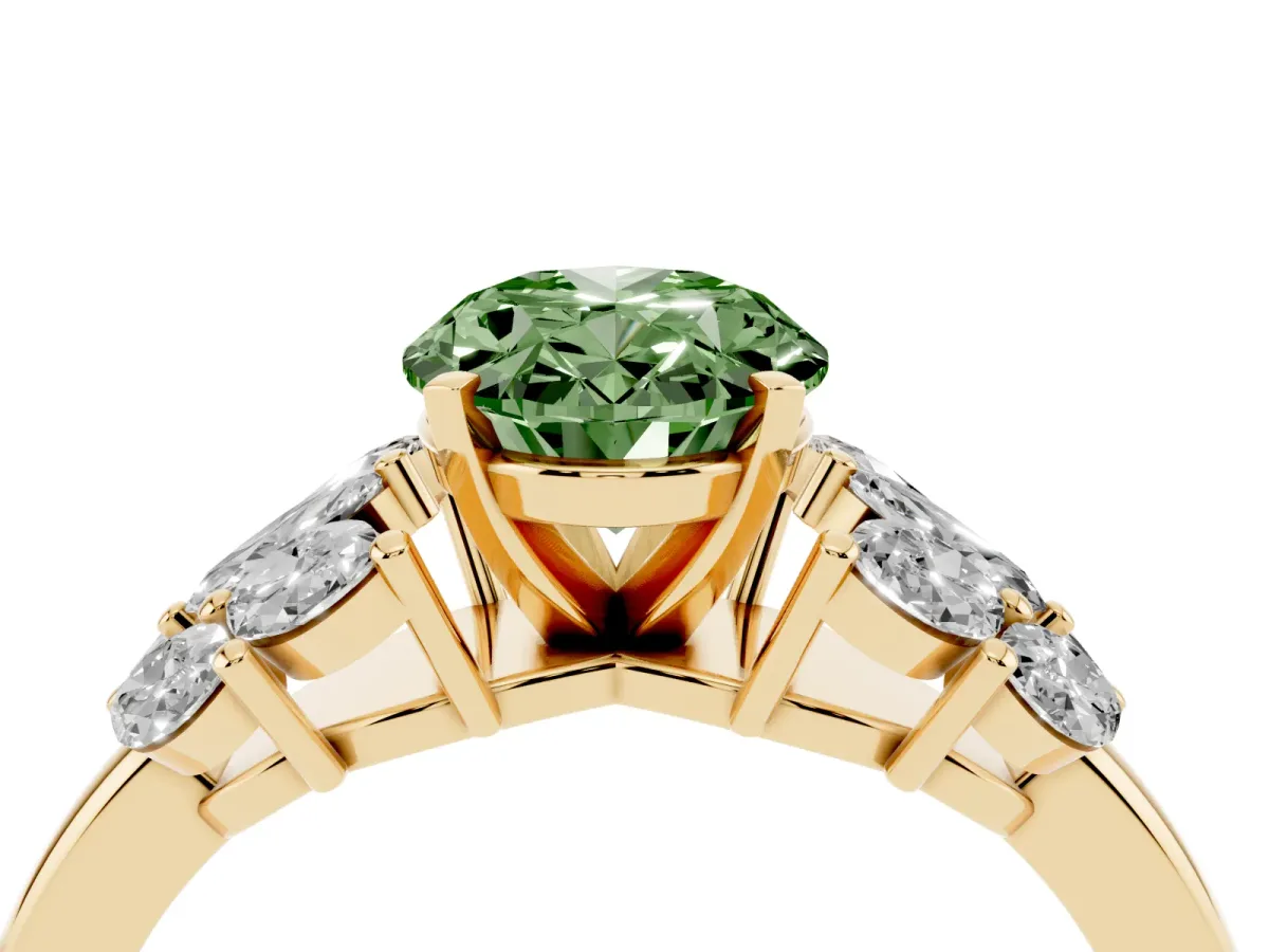 Fancy Green Oval Cut Diamond Cluster Leaf Design Ring with Prong Setting Yellow gold