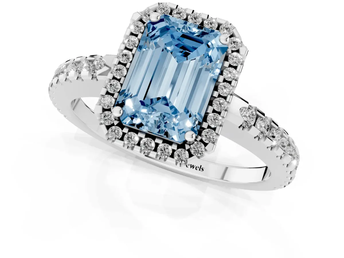 Fancy Blue Emerald Cut Diamond Halo Engagement Ring with Pavé Band and Prong Setting White gold