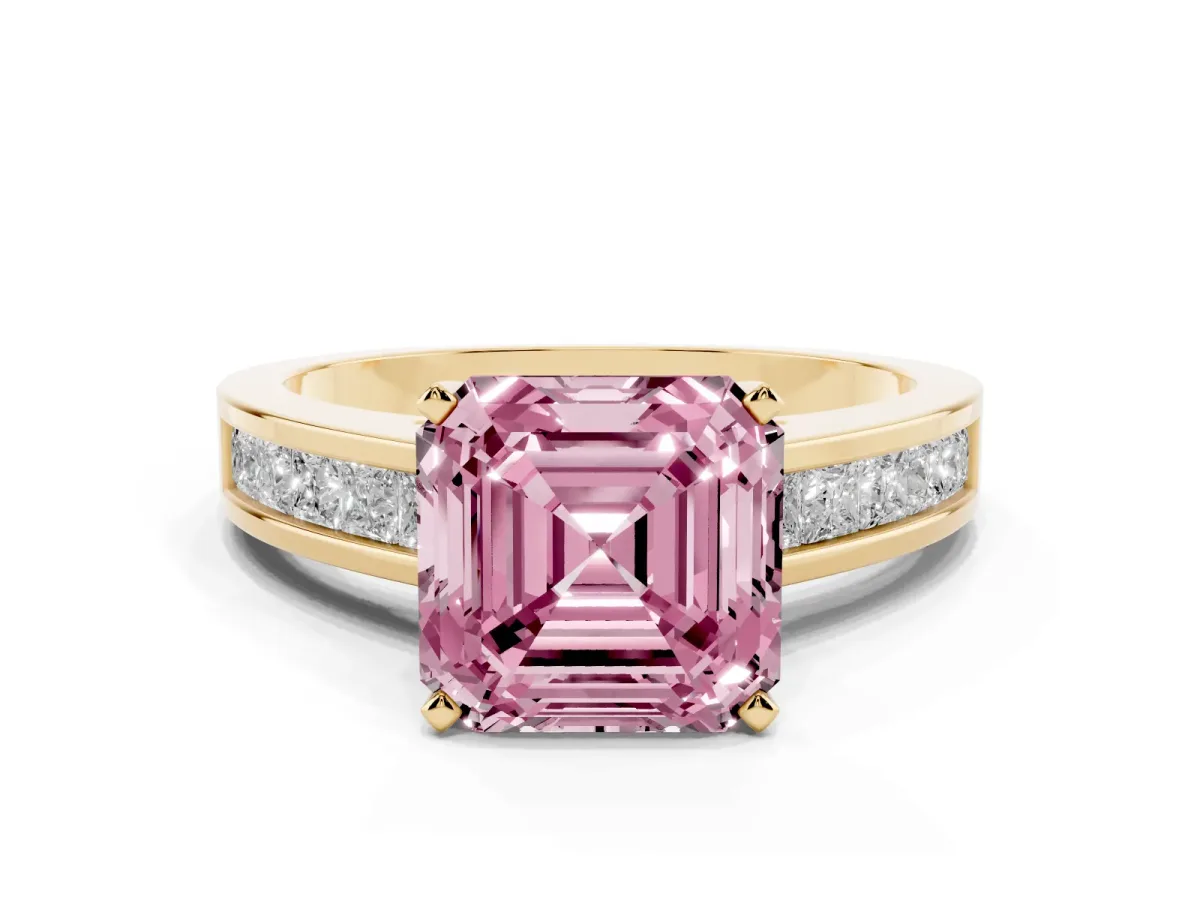 Fancy Pink Asscher Cut Solitaire Diamond Ring with Channel-Set Band and Four-Prong Setting Yellow gold