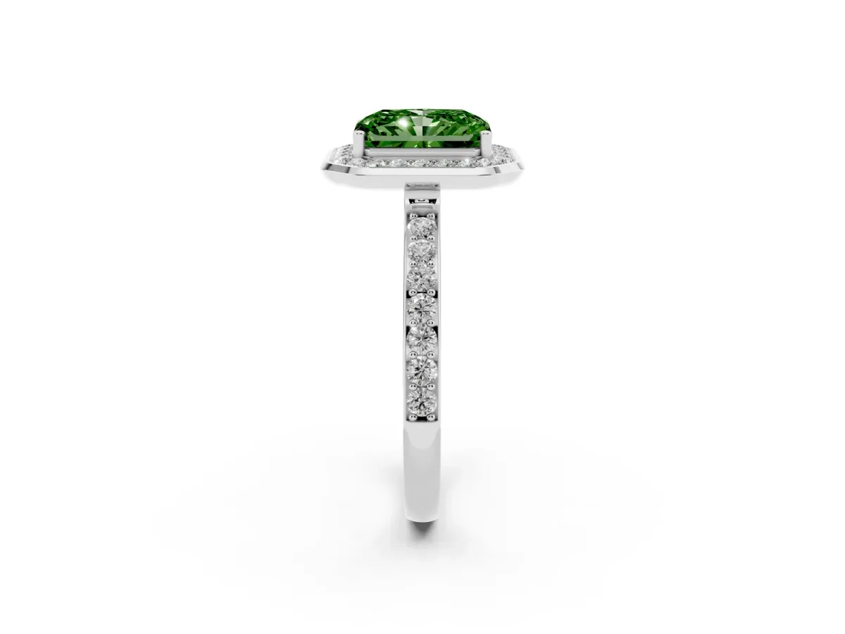 Fancy Green Radiant Cut Diamond Halo Ring with Bezel Frame and Pavé Band Platinum