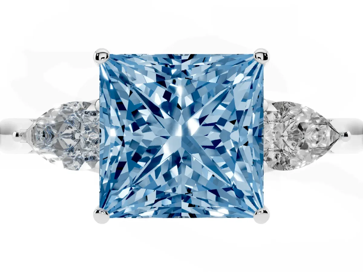 Fancy Blue Three-Stone Princess Cut Brilliant Diamond Solitaire Ring with Tapered Band and Four-Prong Setting White gold