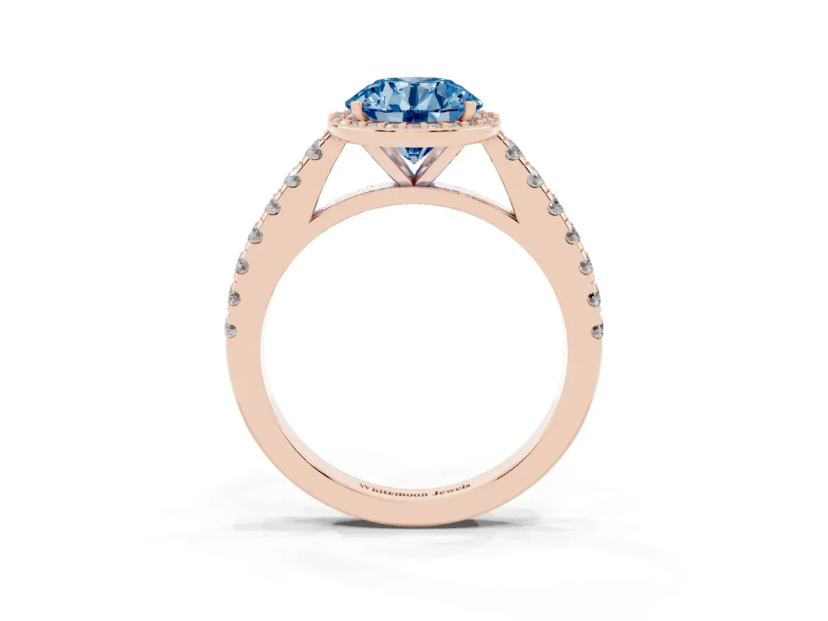 Fancy Blue Round Cut Cut Halo Diamond Engagement Ring with Pave Band and Four-Prong Setting Rose gold