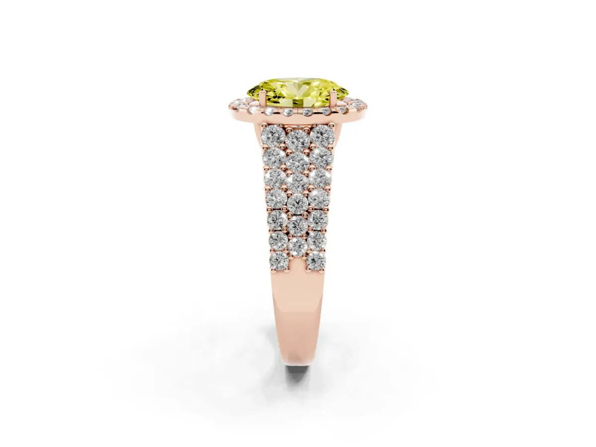 Fancy Yellow Oval Cut Diamond Halo Engagement Ring with Triple Row Round Pavé Band and Prong Setting Rose gold