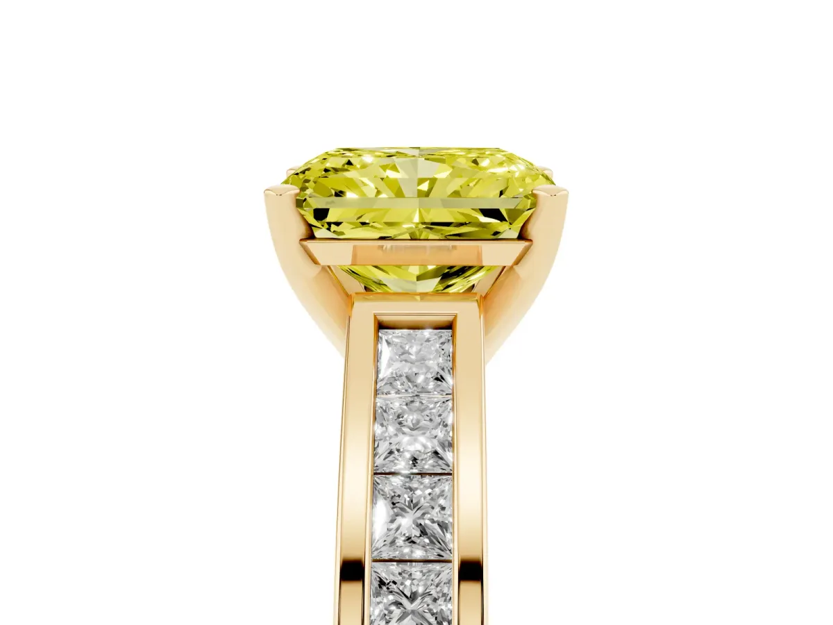 Fancy Yellow Radiant Cut Solitaire Diamond Ring with Channel-Set Band and Four-Prong Setting Yellow gold