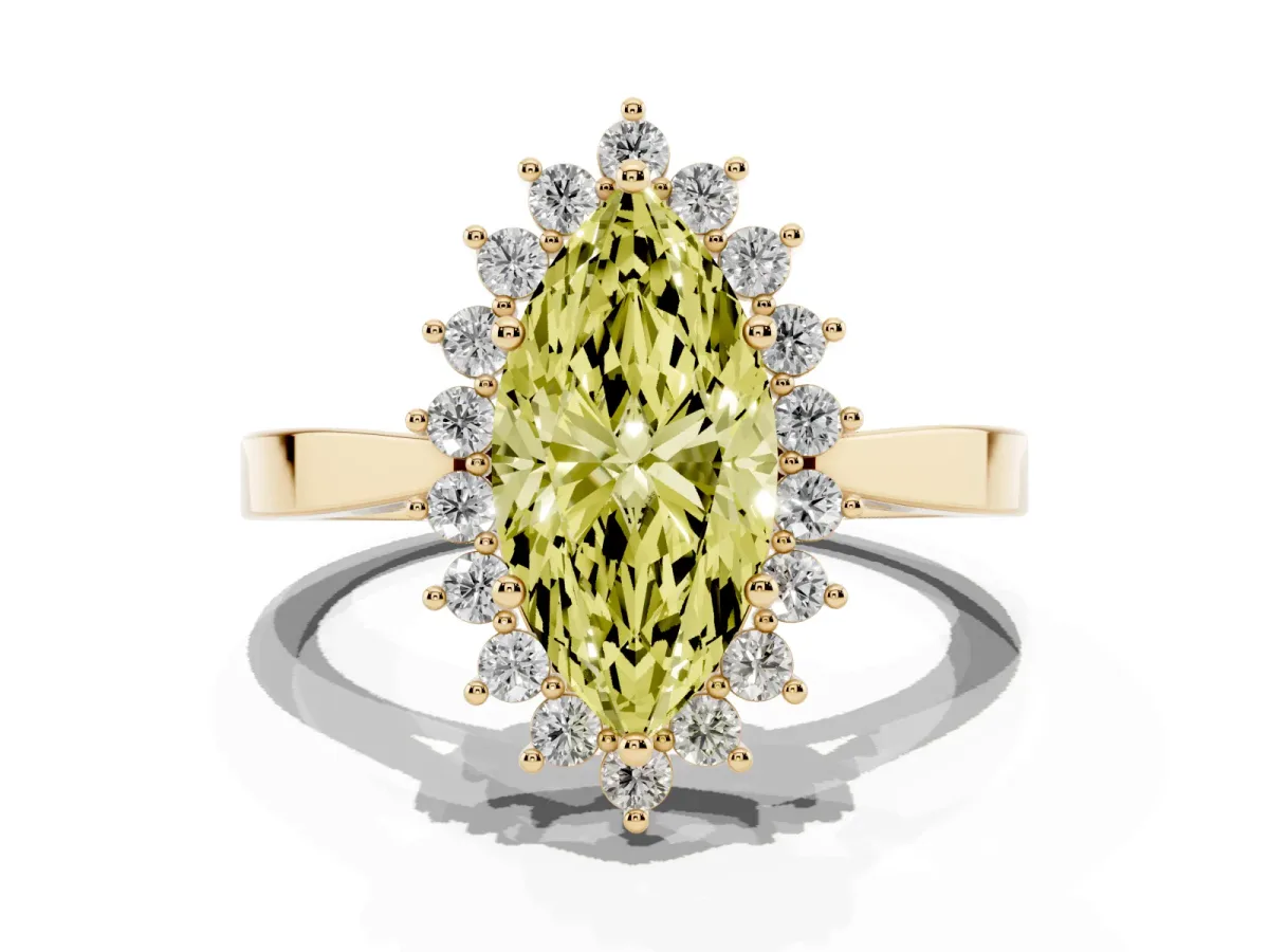 Fancy Yellow Marquise Cut Cut Diamond Halo Ring with Round Brilliant Halo and Solitaire Band Yellow gold