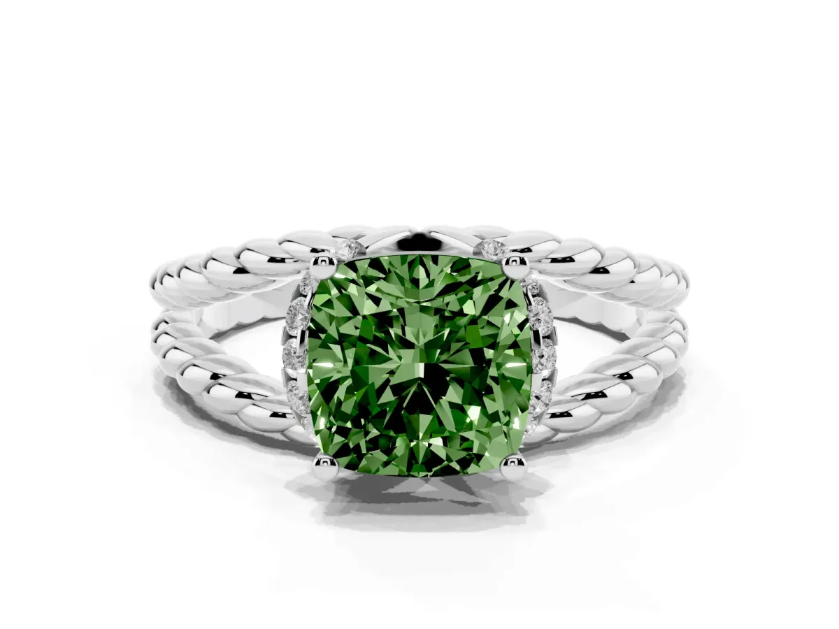 Fancy Green Cushion Cut Halo Twisted Band Four-Prong Ring Silver