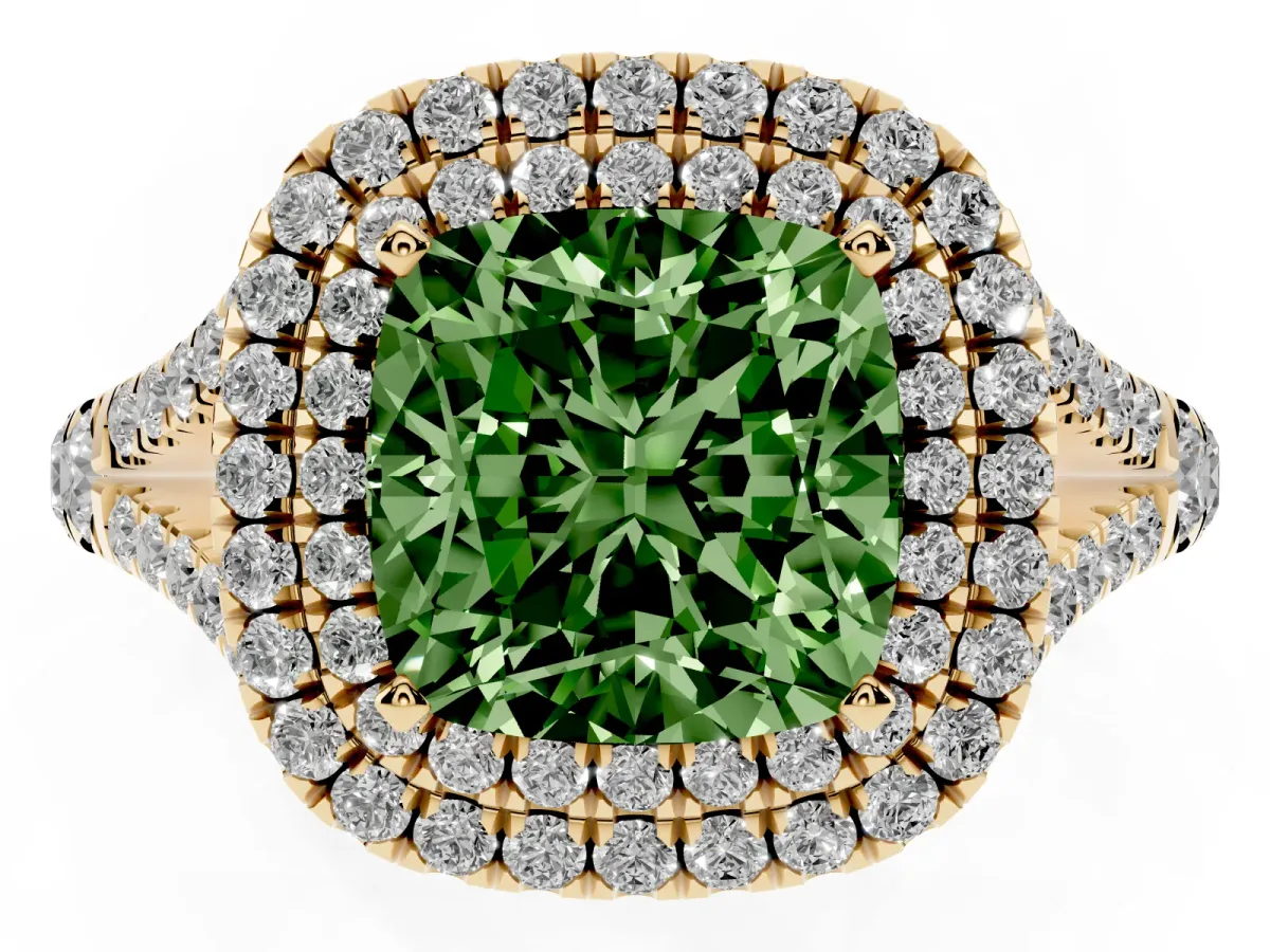 Fancy Green Cushion Cut Diamond Pavé Split Shank Double Halo Engagement Ring Yellow gold