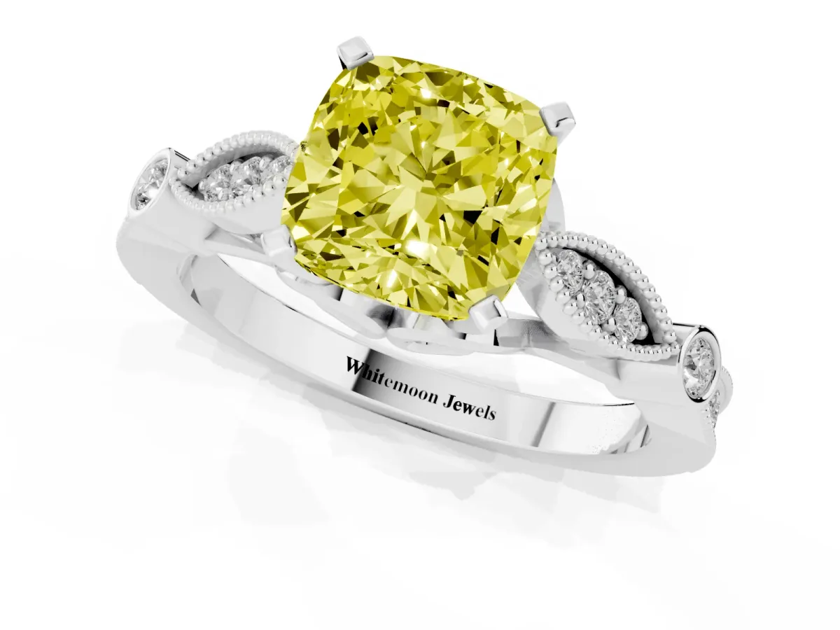 Fancy Yellow Cushion Cut Cut Diamond with Milgrain Marquise and Bezel Accents on a Solitaire Band with Prong Setting Platinum