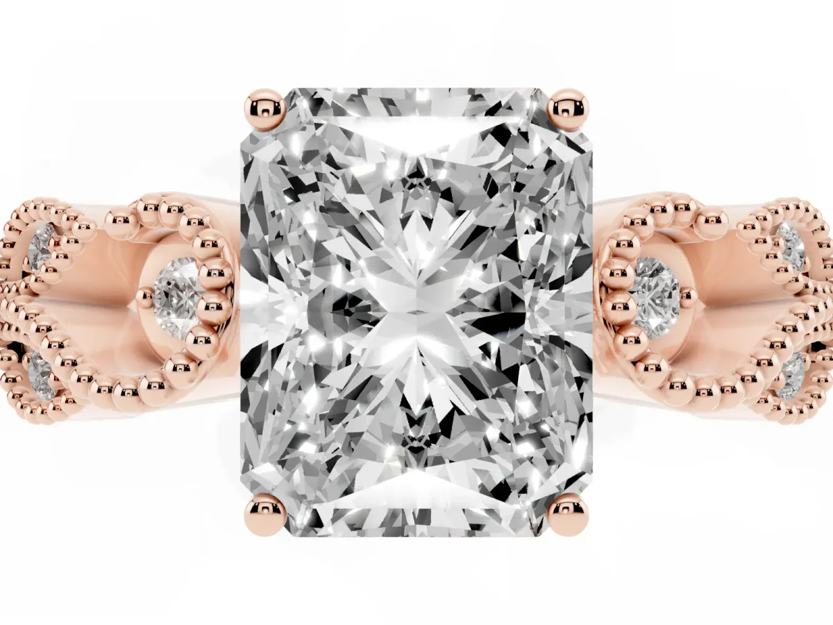 Radiant Cut Solitaire Milgrain Leaf Band with Prong Setting Rose gold