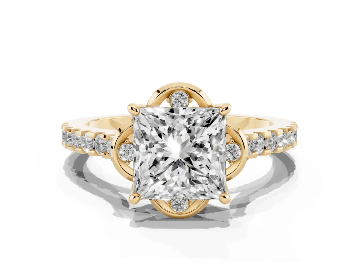 Princess Cut Diamond Ring with Pavé Band and Floral Prong Setting Yellow gold
