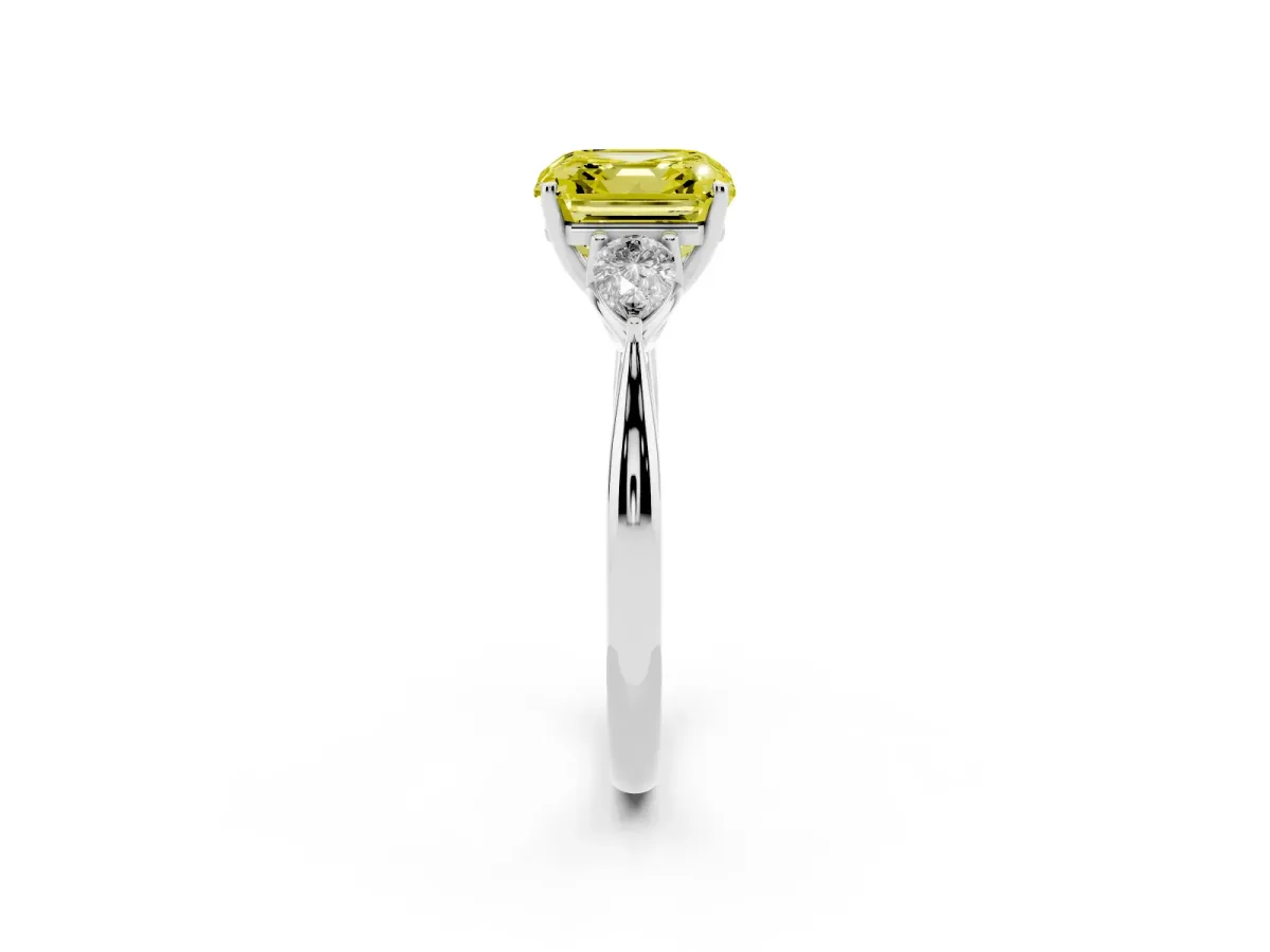 Fancy Yellow Three-Stone Asscher Cut Diamond Ring with Pear Side Stones in Four-Prong Setting Silver