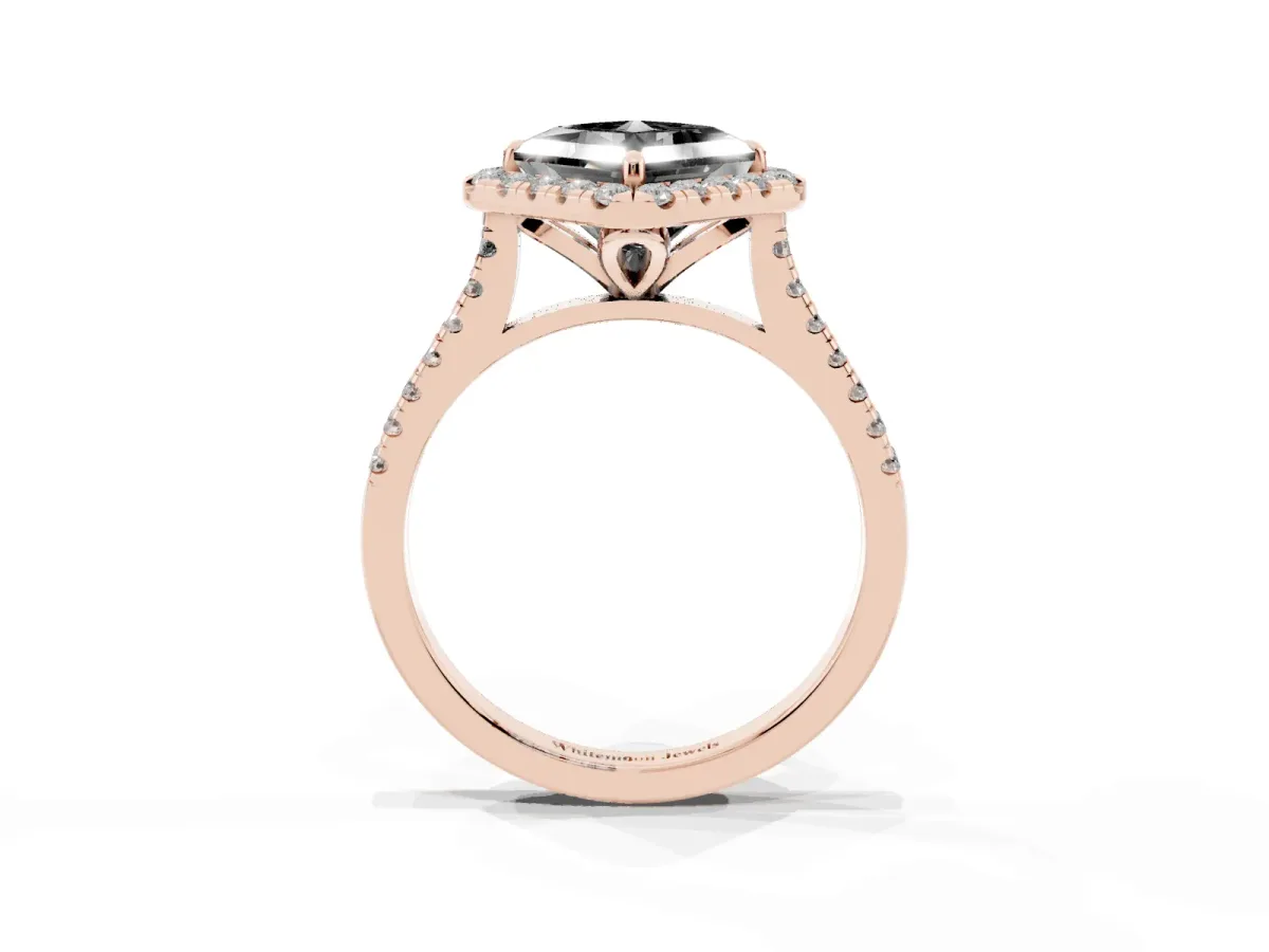 Fancy Black Princess Cut Diamond Cushion Halo Ring with Pavé Band Rose gold
