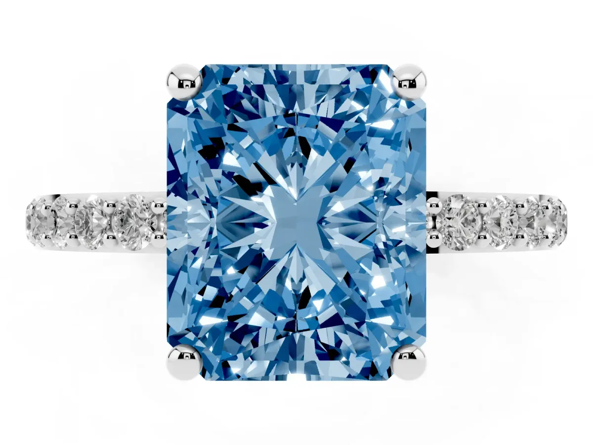 Fancy Blue Radiant Cut Diamond Solitaire Ring with Round Pavé Band and Prong Setting Silver